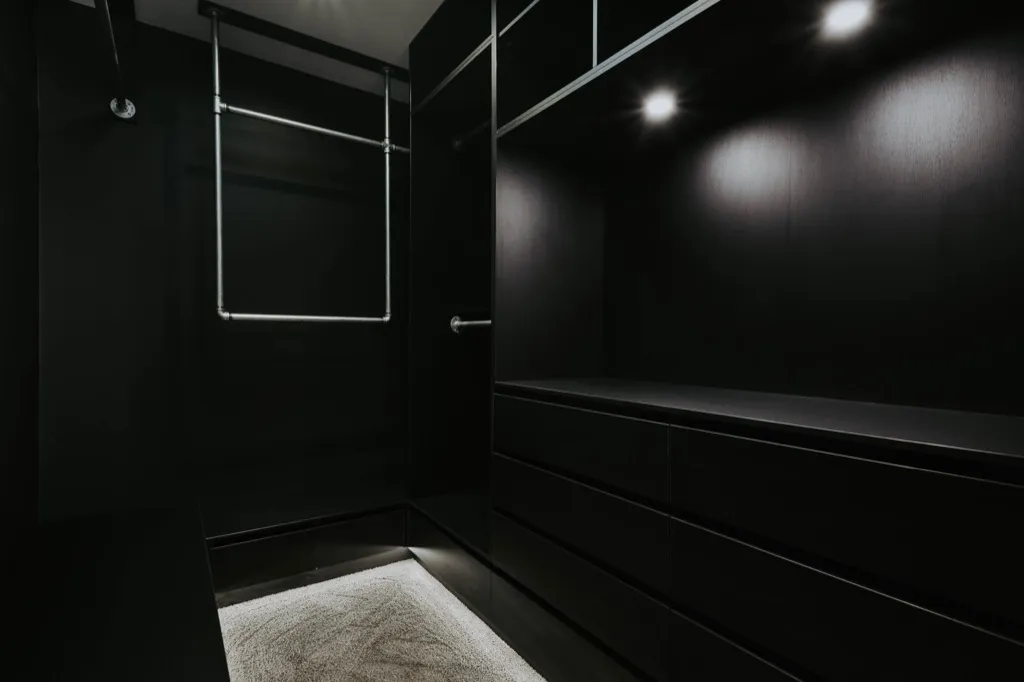Walk-in robe with dark cabinetry and drawers